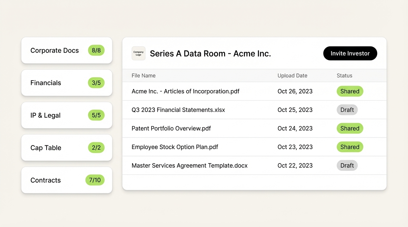 SendNow branded Series A data room with document category tracking