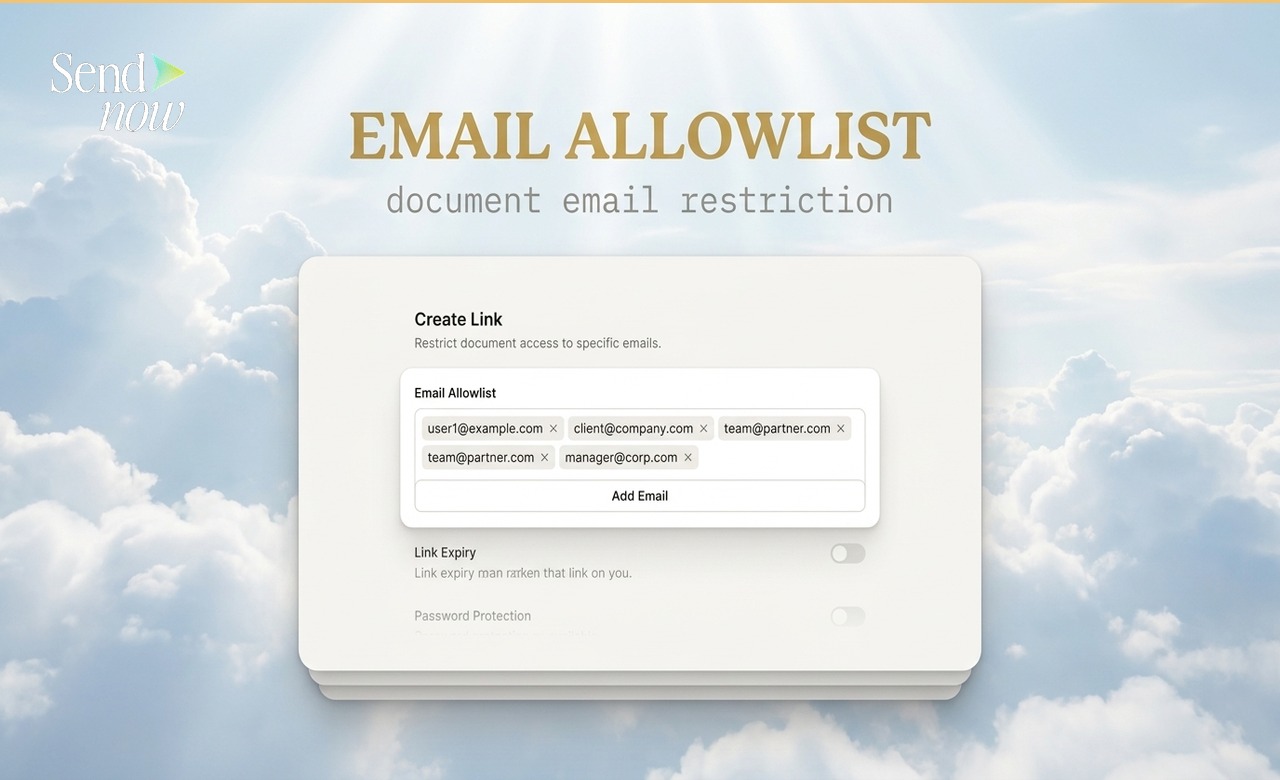 Create Link panel showing email allowlist field with specific email addresses entered