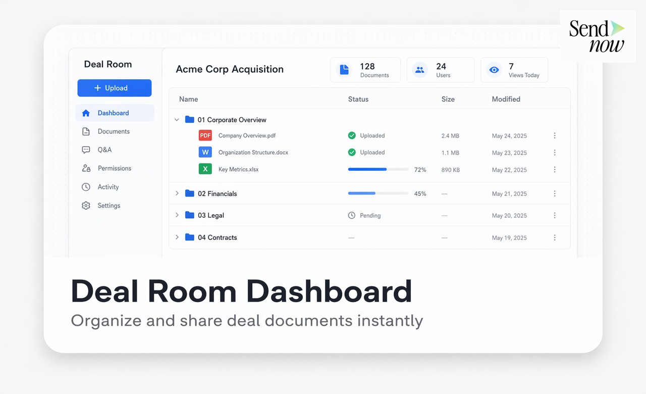Step-by-step deal room setup interface