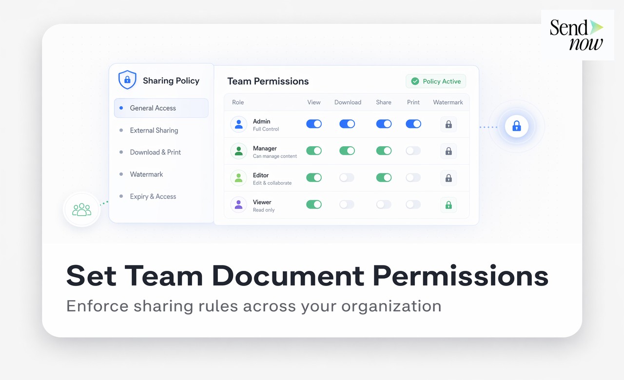 SendNow team settings panel showing GDPR-compliant security defaults