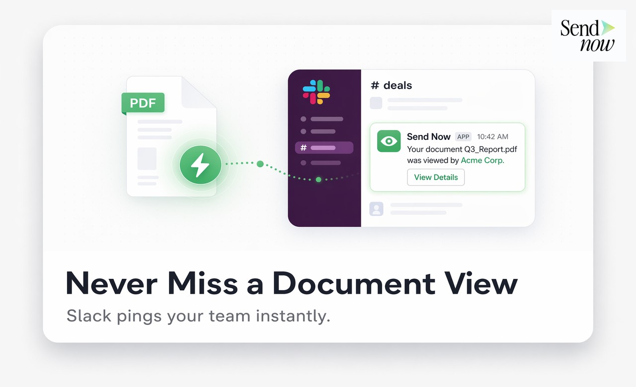 Slack message showing document open alert with recipient name and timestamp
